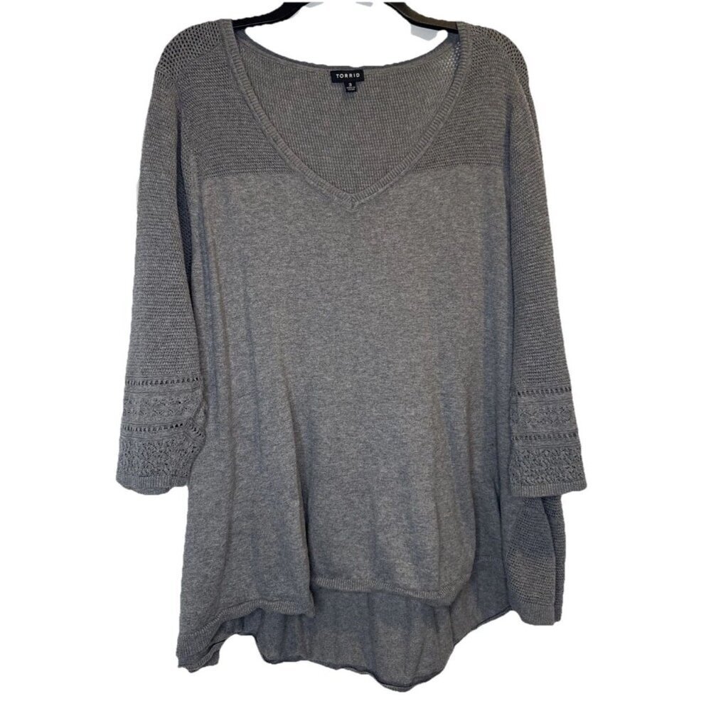 Torrid Women’s Gray V-Neck Textured 3/4 Sleeve Cotton Sweater Top Sz 3X